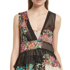 Tracy Reese Sheer Silk Floral Peplum Shell Top V Neck Sleeveless ,Size S, NEW